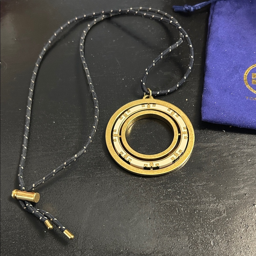 Tory Burch Navy and Gold Spinner Pendant Necklace, 24”